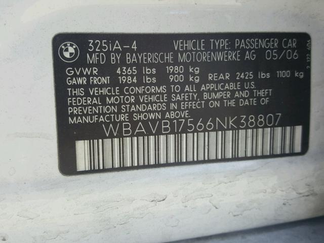 WBAVB17566NK38807 - 2006 BMW 325 I AUTO WHITE photo 10