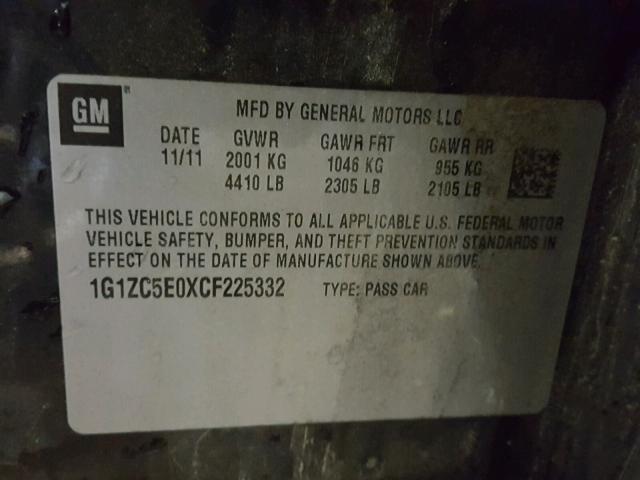 1G1ZC5E0XCF225332 - 2012 CHEVROLET MALIBU 1LT 黑色 照片 10