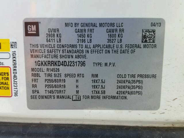 1GKKRRKD4DJ231796 - 2013 GMC ACADIA SLT თეთრი ფოტო 10