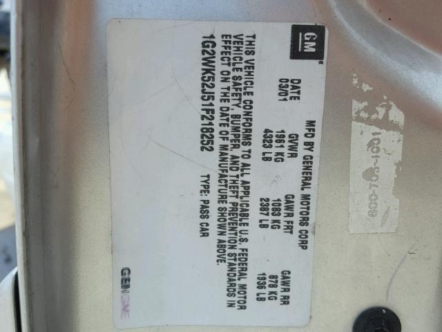 1G2WK52J51F218252 - 2001 PONTIAC GRAND PRIX SILVER photo 10