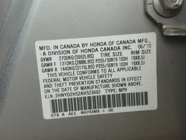 2HNYD2H52AH523692 - 2010 ACURA MDX ADVANC SILVER photo 10