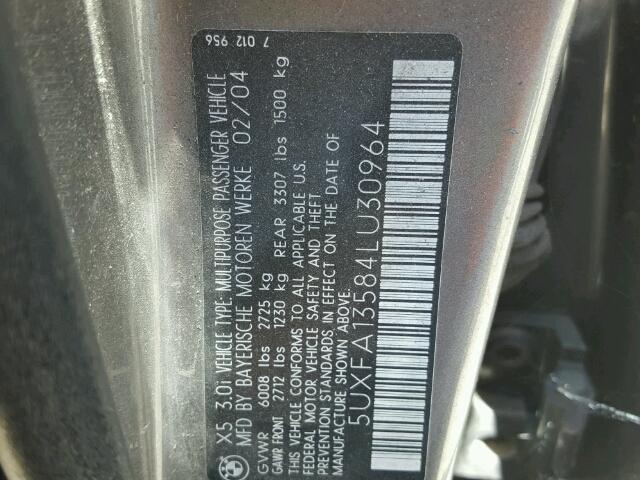 5UXFA13584LU30964 - 2004 BMW X5 3.0I GRAY photo 10
