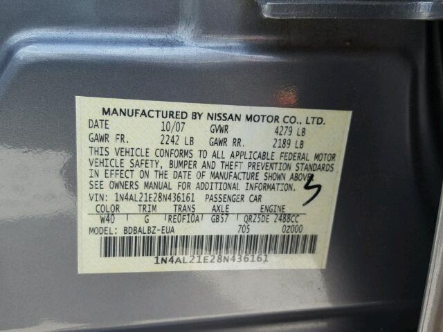 1N4AL21E28N436161 - 2008 NISSAN ALTIMA 2.5 GRAY photo 10