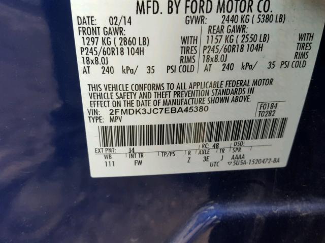 2FMDK3JC7EBA45380 - 2014 FORD EDGE SEL BLUE photo 10