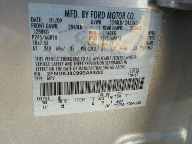 2FMDK38C99BA69286 - 2009 FORD EDGE SEL SILVER photo 10