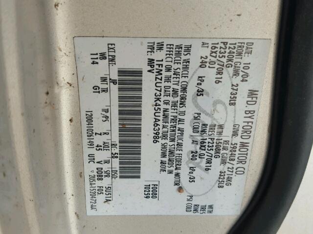 1FMZU73K45UA63986 - 2005 FORD EXPLORER SILVER photo 10