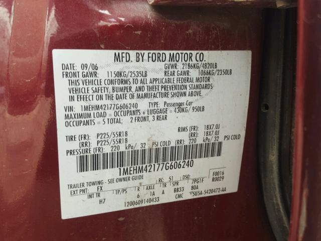 1MEHM42177G606240 - 2007 MERCURY MONTEGO PR 栗色 照片 10