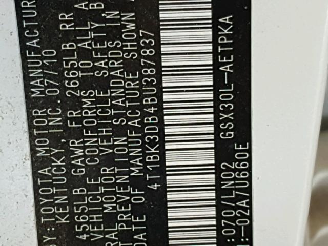 4T1BK3DB4BU387837 - 2011 TOYOTA AVALON BAS WHITE photo 10