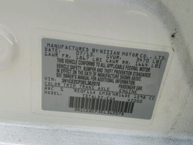 3N1CE2CP3EL362078 - 2014 NISSAN VERSA NOTE WHITE photo 10