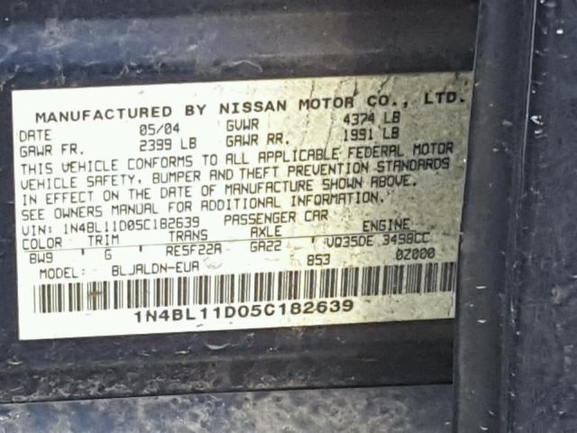 1N4BL11D05C182639 - 2005 NISSAN ALTIMA SE BLUE photo 10