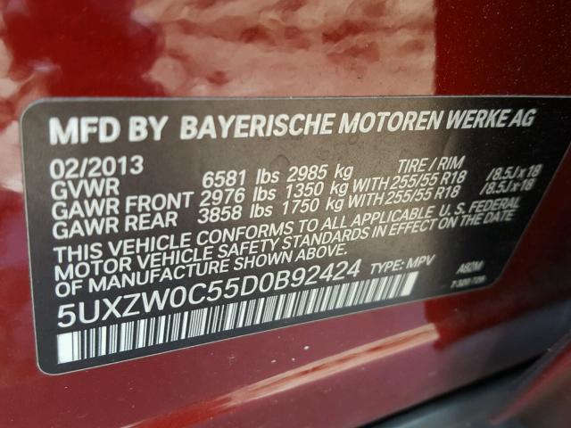 5UXZW0C55D0B92424 - 2013 BMW X5 XDRIVE3 RED photo 10