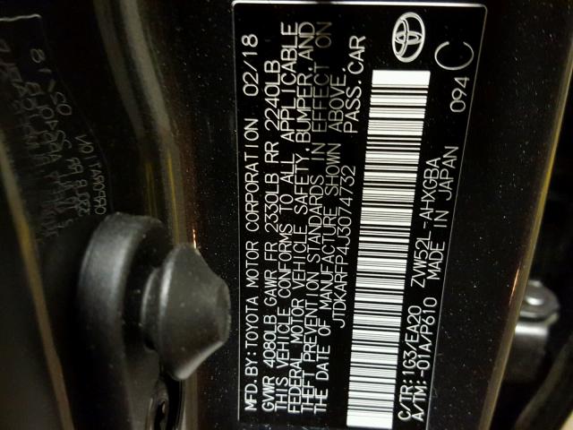 JTDKARFP4J3074732 - 2018 TOYOTA PRIUS PRIM ნაცრისფერი ფოტო 10