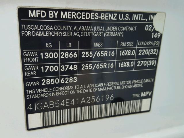 4JGAB54E41A256196 - 2001 MERCEDES-BENZ ML 320 WHITE photo 10