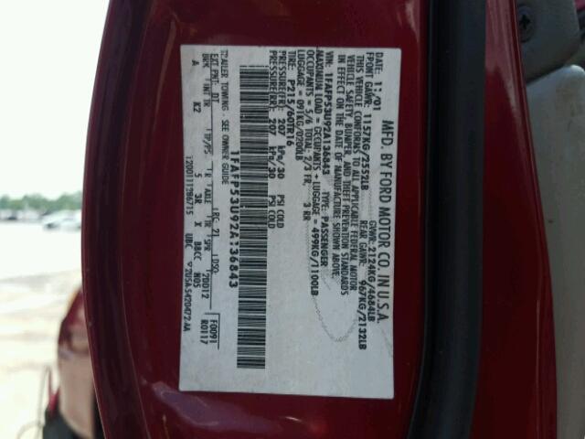 1FAFP53U92A136843 - 2002 FORD TAURUS SE BURGUNDY photo 10