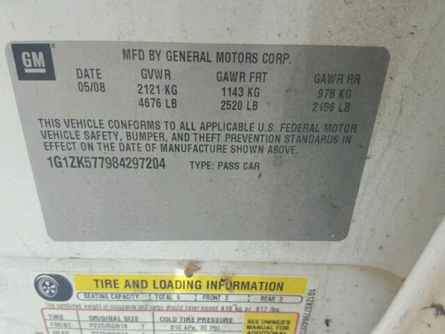 1G1ZK577984297204 - 2008 CHEVROLET MALIBU LTZ 白色 照片 10