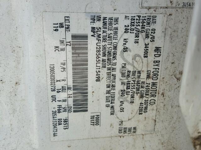 5LMFU28565LJ15498 - 2005 LINCOLN NAVIGATOR WHITE photo 10