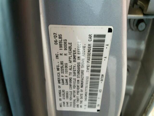 1HGCM56777A190050 - 2007 HONDA ACCORD EX SILVER photo 10