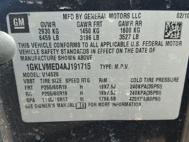 1GKLVMED4AJ191715 - 2010 GMC ACADIA SLT 黑色 照片 10