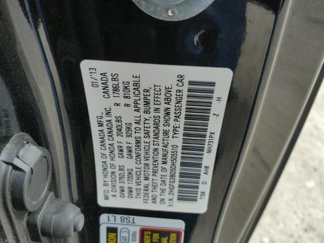 2HGFG3B05DH505510 - 2013 HONDA CIVIC EXL შავი ფოტო 10