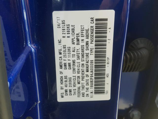 19UUB2F64JA000096 - 2018 ACURA TLX TECH+A BLUE photo 10