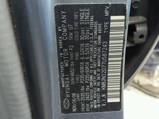 KM8JN12D77U587243 - 2007 HYUNDAI TUCSON SE GRAY photo 10