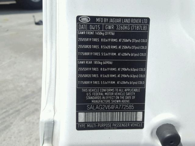 SALAG2V64FA772585 - 2015 LAND ROVER LR4 HSE WHITE photo 10