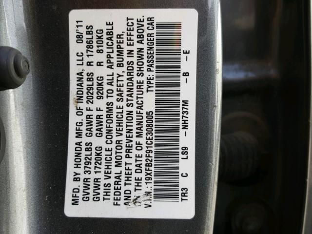 19XFB2F91CE308005 - 2012 HONDA CIVIC EXL 灰色 照片 10