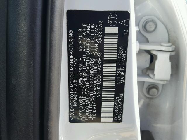 VNKKTUD30HA081638 - 2017 TOYOTA YARIS L WHITE photo 10