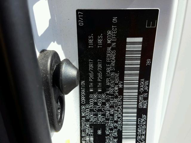 JTEBU5JR2H5478793 - 2017 TOYOTA 4RUNNER SR 白色 照片 10