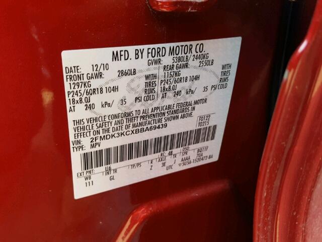 2FMDK3KCXBBA69439 - 2011 FORD EDGE Kırmızı fotoğraf 10