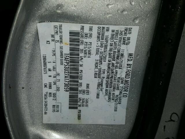 1FAFP53U27A173059 - 2007 FORD TAURUS SE SILVER photo 10