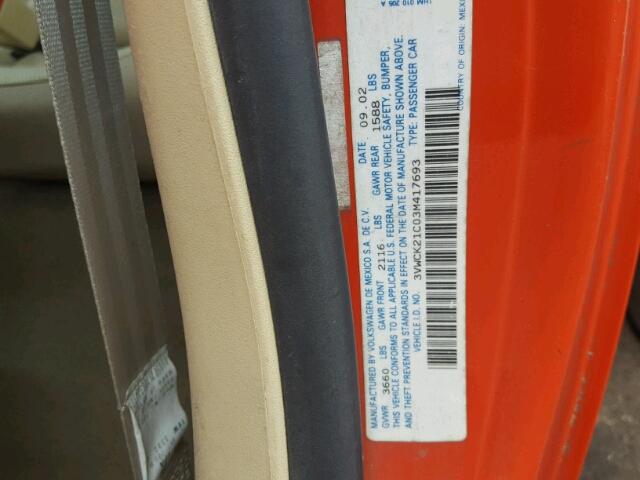 3VWCK21C03M417693 - 2003 VOLKSWAGEN NEW BEETLE 橙色 照片 10