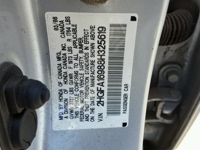 2HGFA16988H325619 - 2008 HONDA CIVIC EXL 银色 照片 10