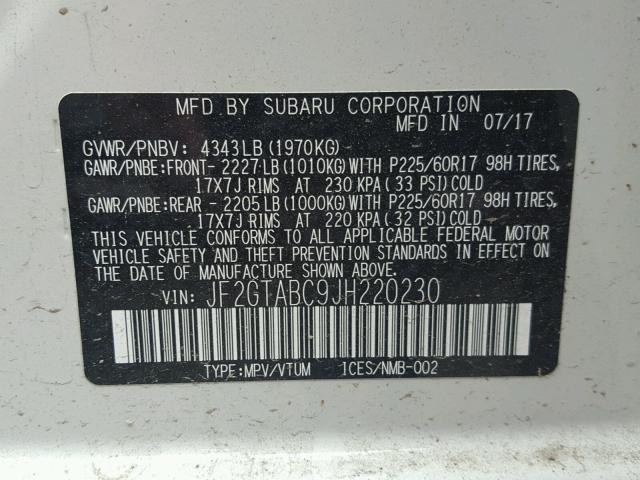 JF2GTABC9JH220230 - 2018 SUBARU CROSSTREK WHITE photo 10