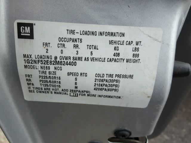 1G2NF52E82M624400 - 2002 PONTIAC GRAND AM S SILVER photo 10