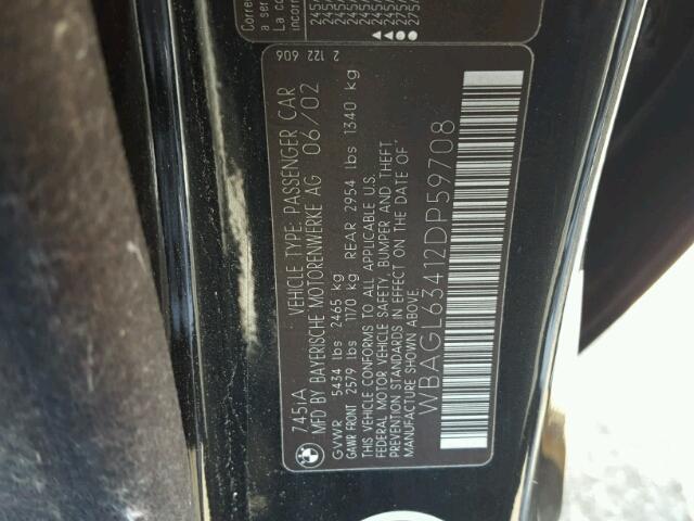 WBAGL63412DP59708 - 2002 BMW 745 I BLACK photo 10