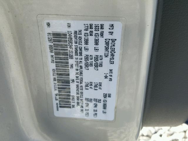 1D4HB58D34F151289 - 2004 DODGE DURANGO LI SILVER photo 10