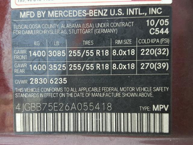 4JGBB75E26A055418 - 2006 MERCEDES-BENZ ML 500 PURPLE photo 10