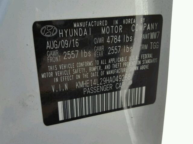 KMHE14L29HA049268 - 2017 HYUNDAI SONATA PLU WHITE photo 10