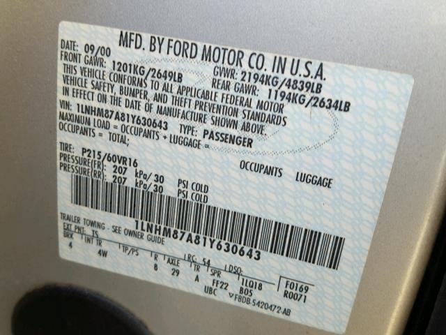 1LNHM87A81Y630643 - 2001 LINCOLN LS SILVER photo 10