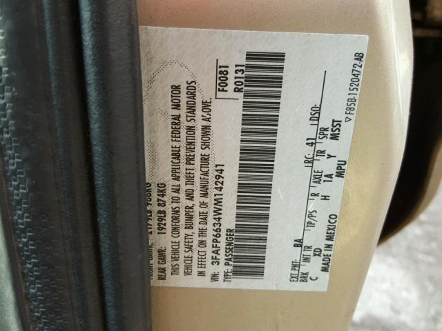 3FAFP6634WM142941 - 1998 FORD CONTOUR LX TAN photo 10