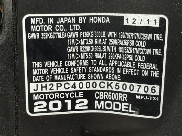 JH2PC4000CK500706 - 2012 HONDA CBR600 RR BLACK photo 10