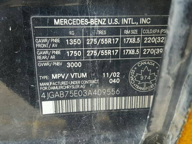 4JGAB75E03A409556 - 2003 MERCEDES-BENZ ML 500 BLACK photo 10