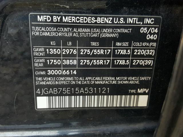 4JGAB75E15A531121 - 2005 MERCEDES-BENZ ML 500 BLACK photo 10