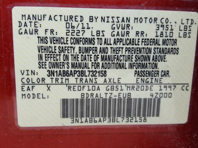 3N1AB6AP3BL732158 - 2011 NISSAN SENTRA 2.0 RED photo 10