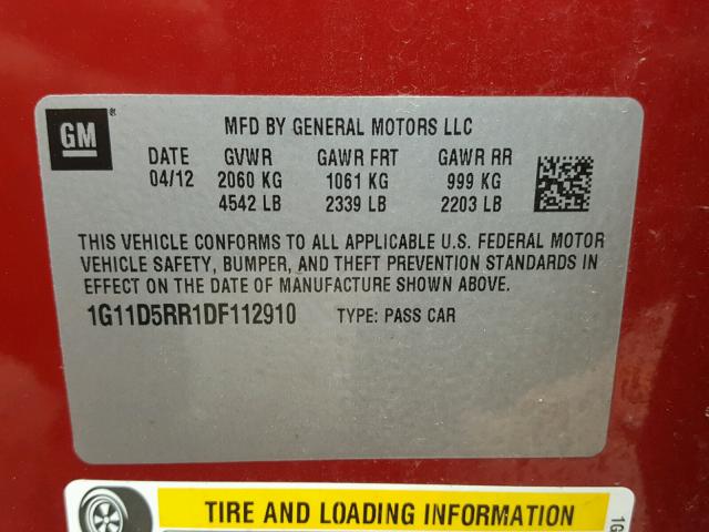 1G11D5RR1DF112910 - 2013 CHEVROLET MALIBU 1LT RED photo 10