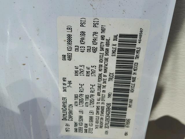 3D7KU28C64G268436 - 2004 DODGE RAM 2500 S WHITE photo 10