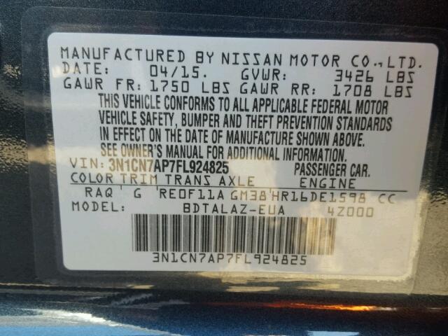 3N1CN7AP7FL924825 - 2015 NISSAN VERSA S/S BLUE photo 10