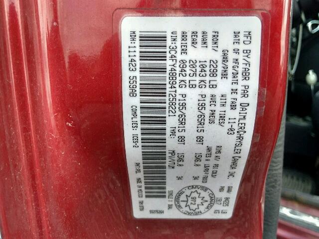 3C4FY48B94T258221 - 2004 CHRYSLER PT CRUISER RED photo 10