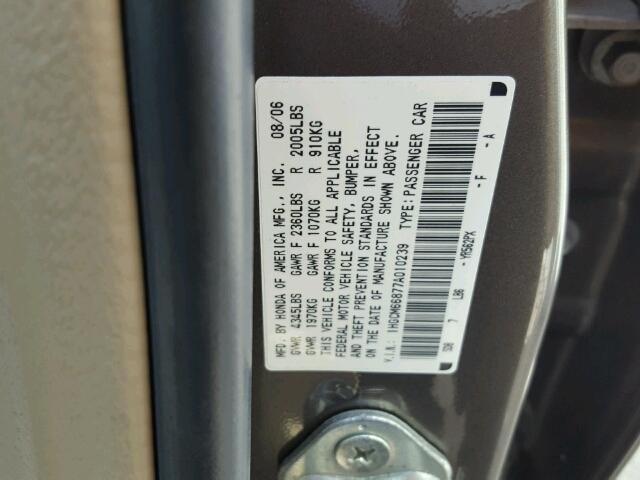 1HGCM66877A010239 - 2007 HONDA ACCORD EX GRAY photo 10